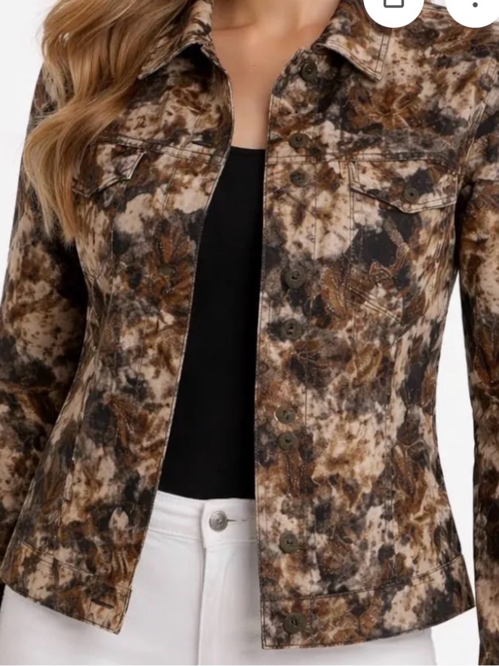 Chico's Brown  Black Leaf-Print metallic embellished Denim Jacket medium size 1